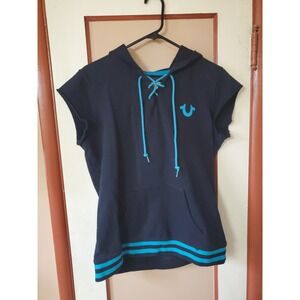 True Religion Cropped Hoodie XL Black Blue Logo Sweatshirt Women Sleeveless